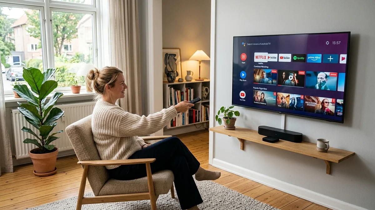 Bruger der navigerer i Android TV brugerflade med stemmefjernbetjening