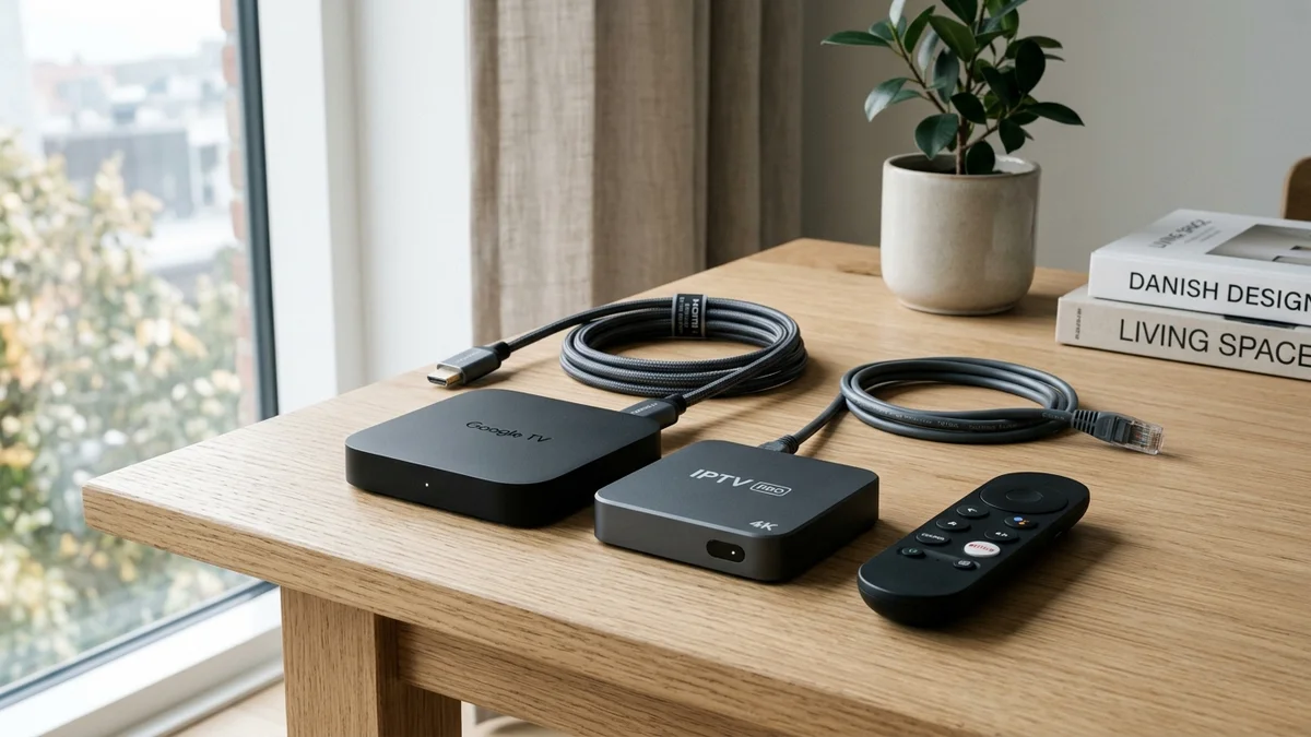 Sammenligning af streamingbokse og netværkskabler på skandinavisk bord