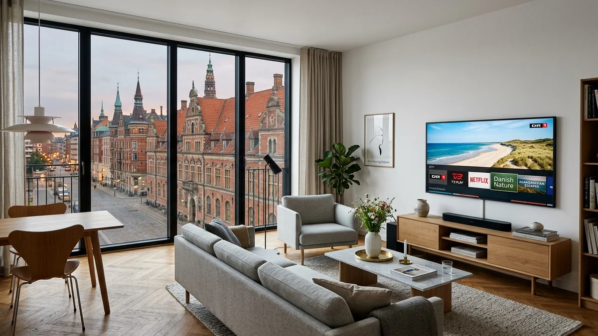 Københavnsk stue med udsigt over historiske tage og moderne 4K streaming TV