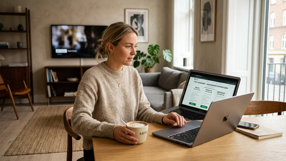 Dansk forbruger der sammenligner IPTV abonnementspriser i DKK på computer
