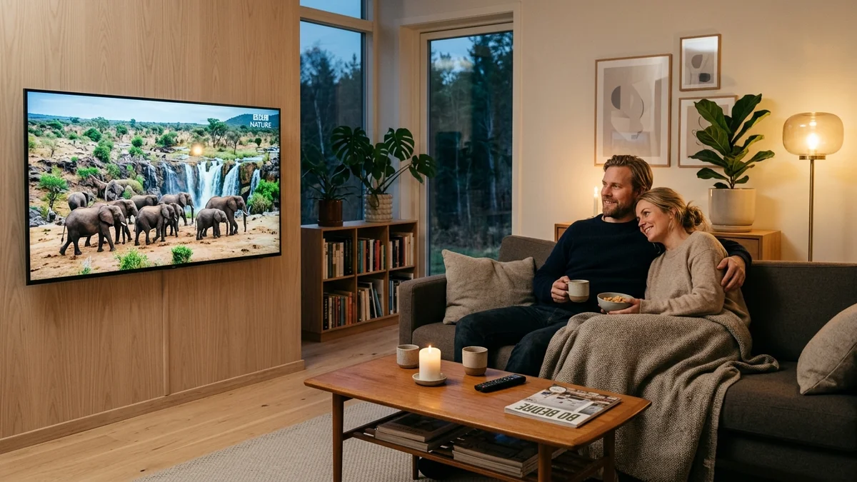 Par der streamer naturdokumentar på 4K fjernsyn i dansk hjem med aftenhygge