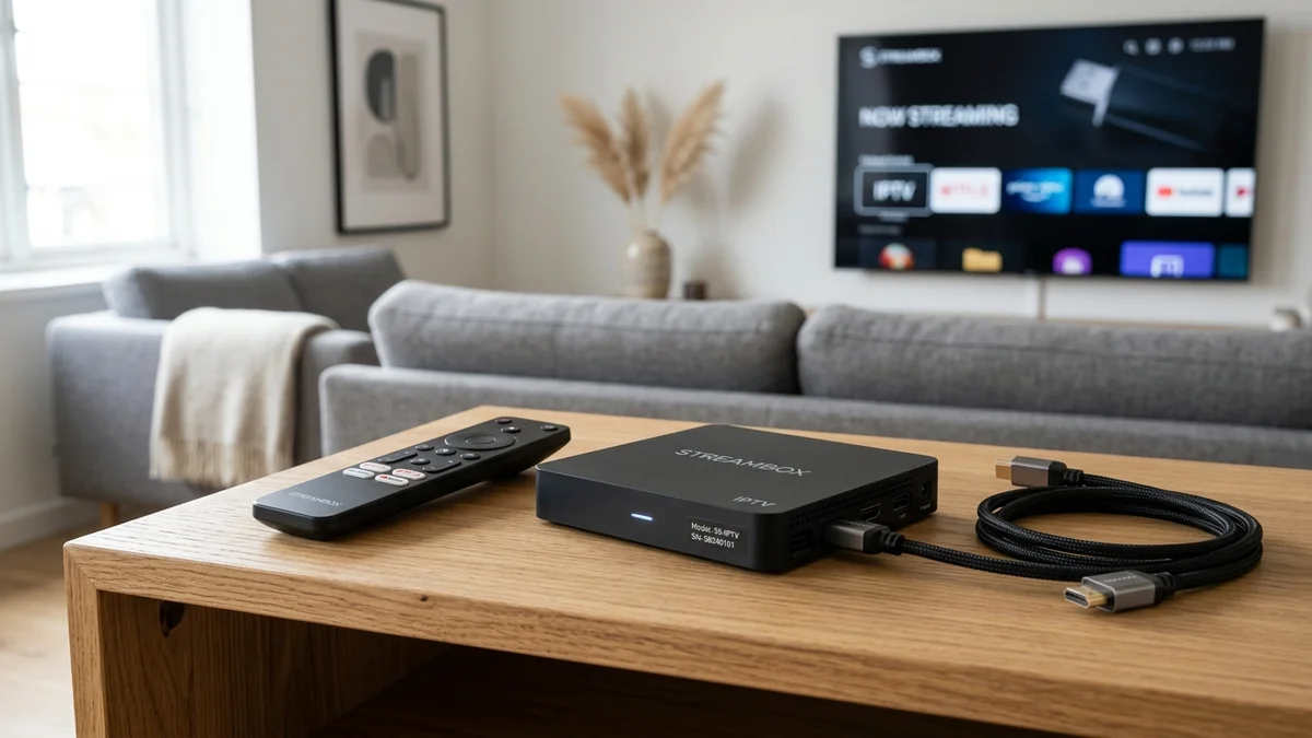 Moderne 4K IPTV streaming boks med fjernbetjening og HDMI kabel