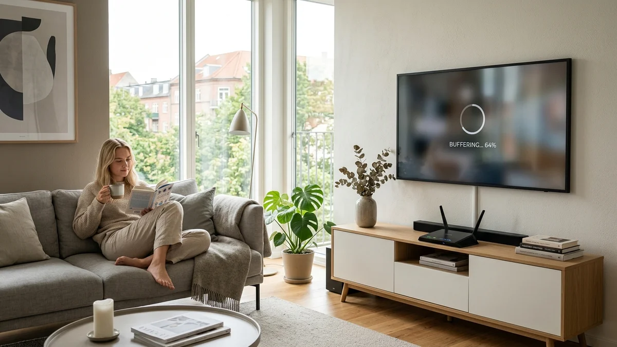 Smart TV med buffering-indikator i moderne skandinavisk stue