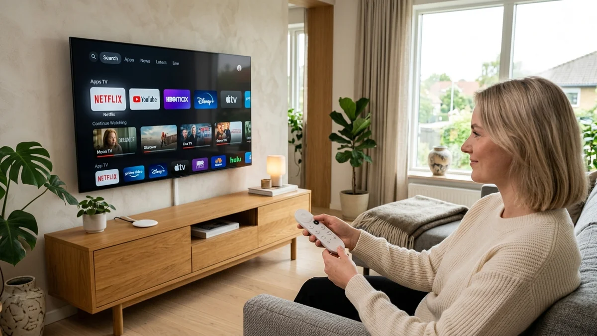 Google TV streamingopsætning og fjernbetjening i dansk hjem