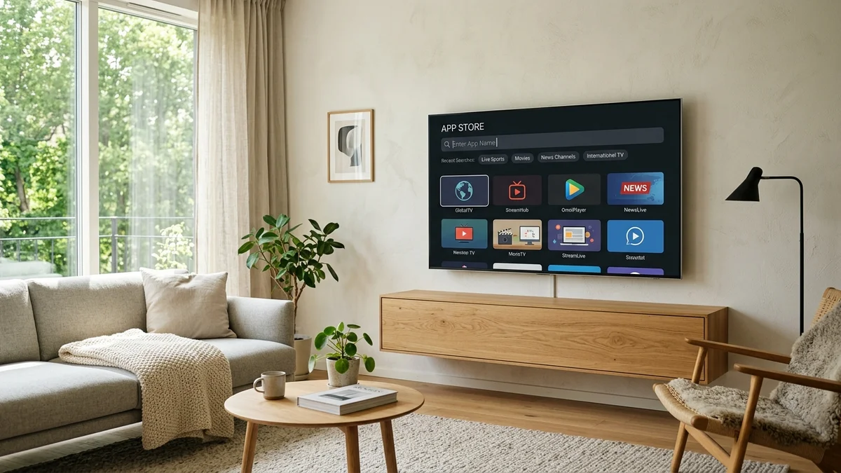App Store på Samsung Smart TV i lys skandinavisk stue