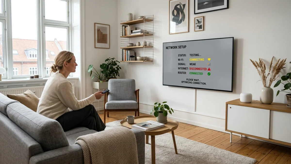 Person der fejlsøger manglende IPTV forbindelse på Smart TV i en dansk stue