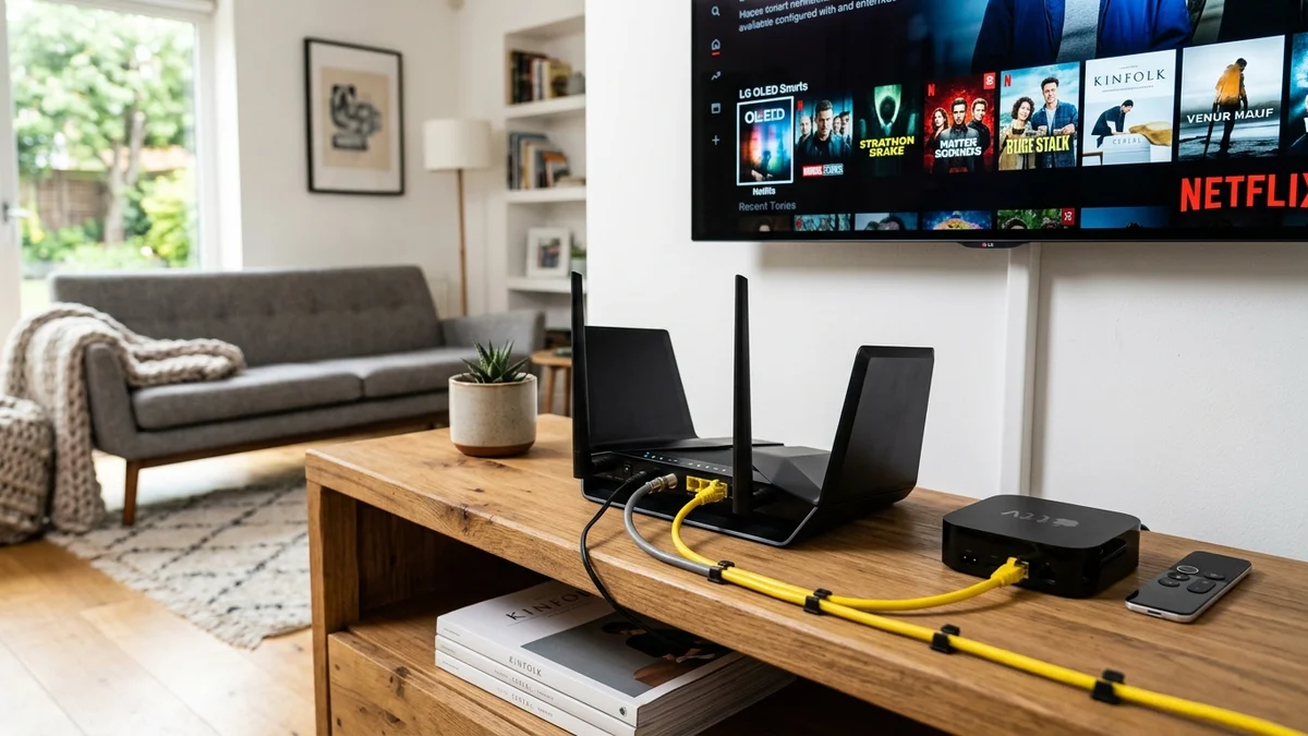 Wi-Fi router og gult Ethernet kabel forbundet til streaming boks